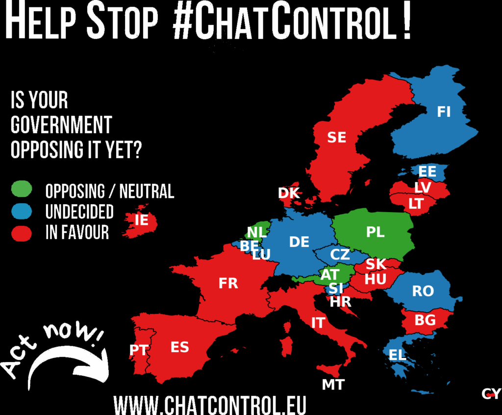 Et kort som viser hvilke lande er for eller mod chat control. Danmark er for chat control